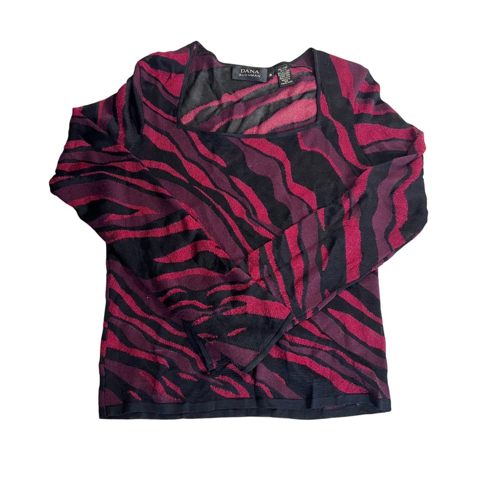 Dana Buchman Zebra Print Knit Top Women Medium Red Burgundy Black Square Neck